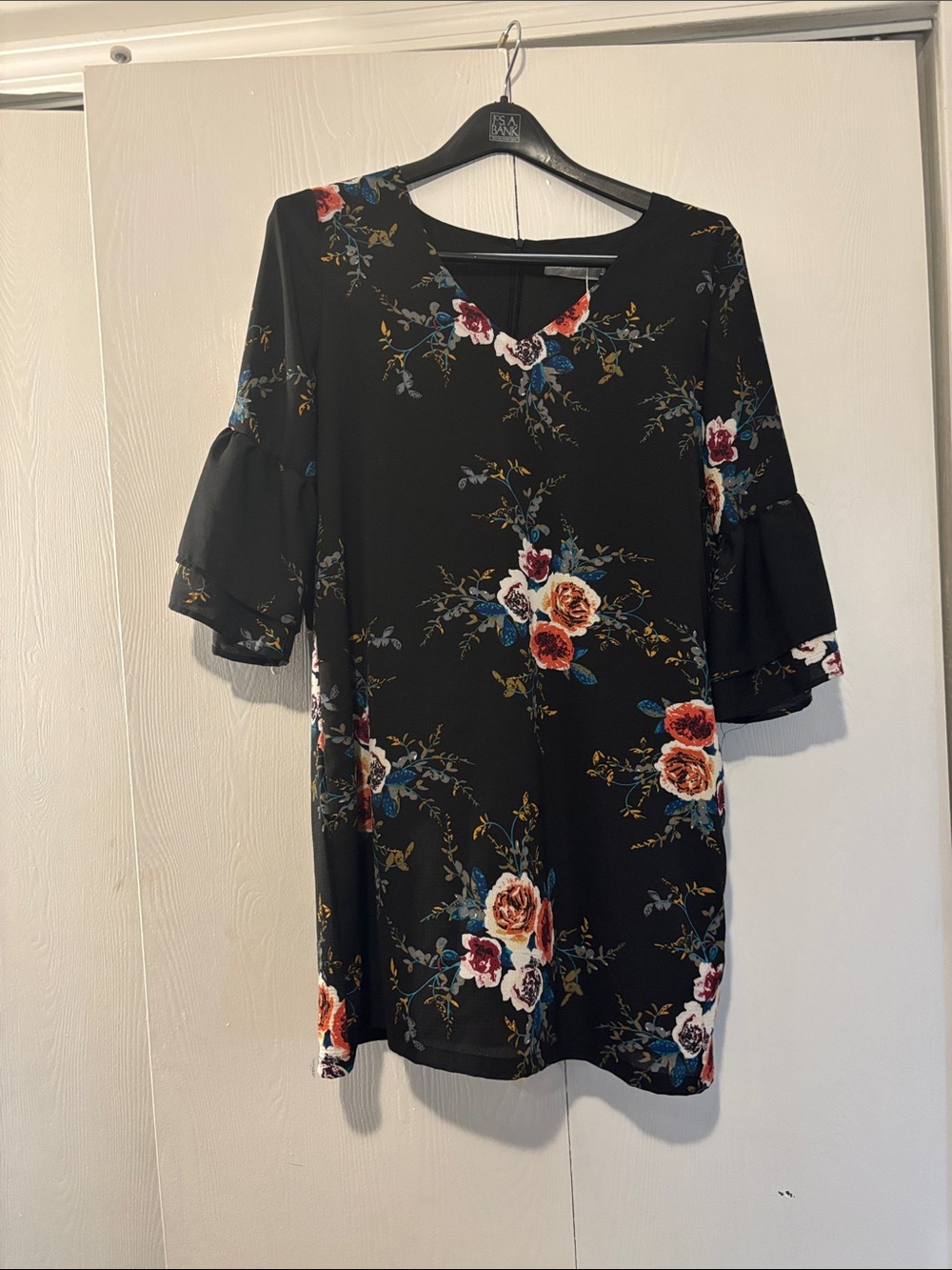 Black Floral V-Neck Ruffle Sleeve Mini Dress NWT